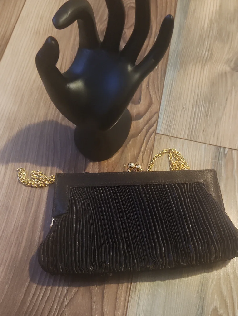 La Regale Elegant Black Pleated Evening Clutch with Gold Chain